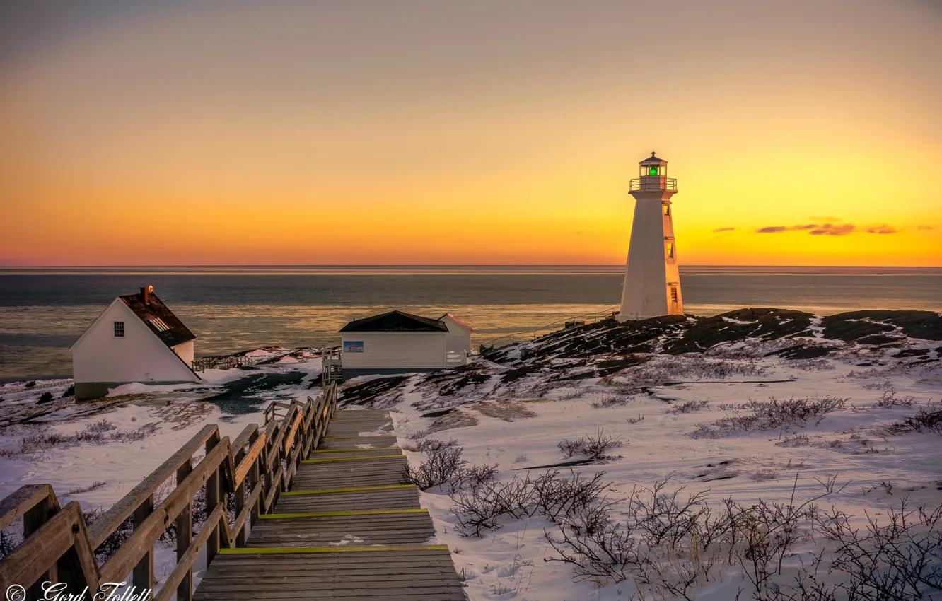 Photo wallpaper winter, the ocean, dawn, shore, lighthouse