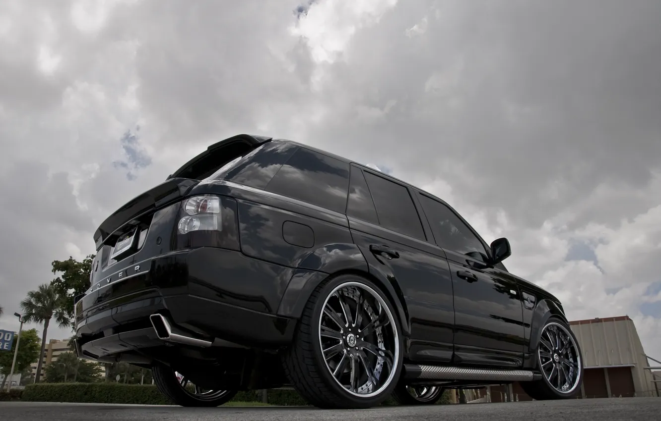 Photo wallpaper the sky, trees, clouds, black, tuning, wheels, drives, black, range rover, tuning, land Rover, Rover, …