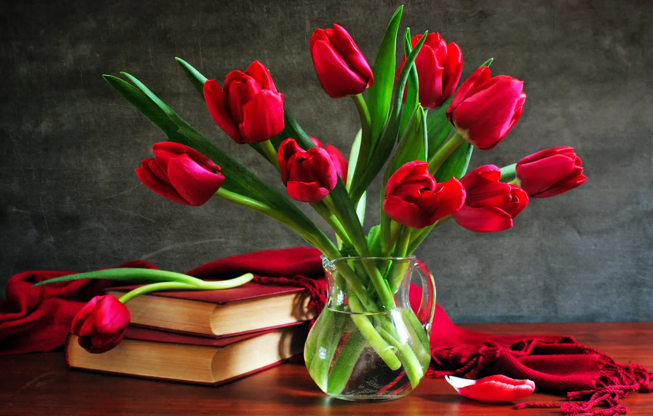 Photo wallpaper books, bouquet, tulips, vase, still life