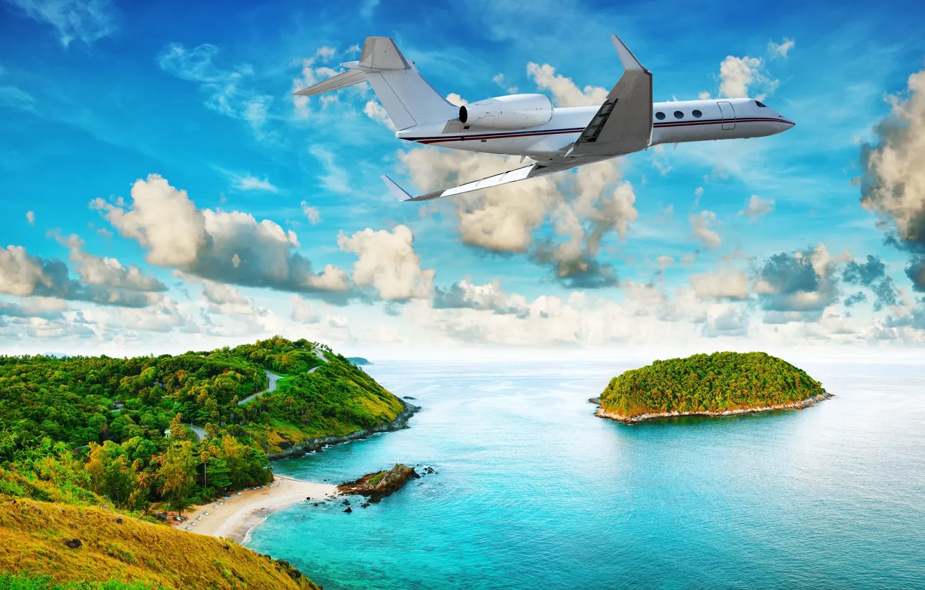 Photo wallpaper sea, beach, tropics, The plane, flying over the island