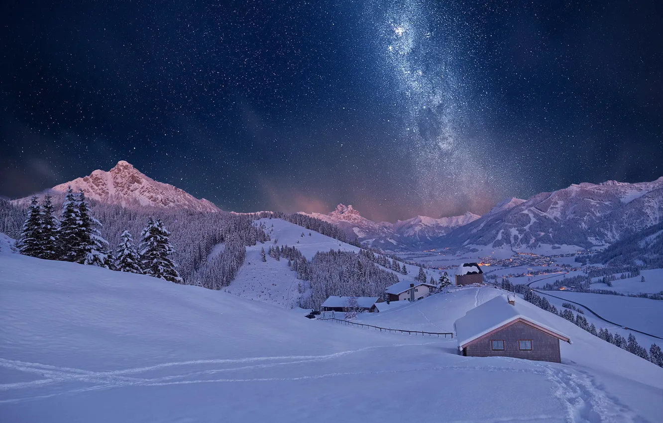 Wallpaper winter, snow, mountains, night, house images for desktop, section  пейзажи - download
