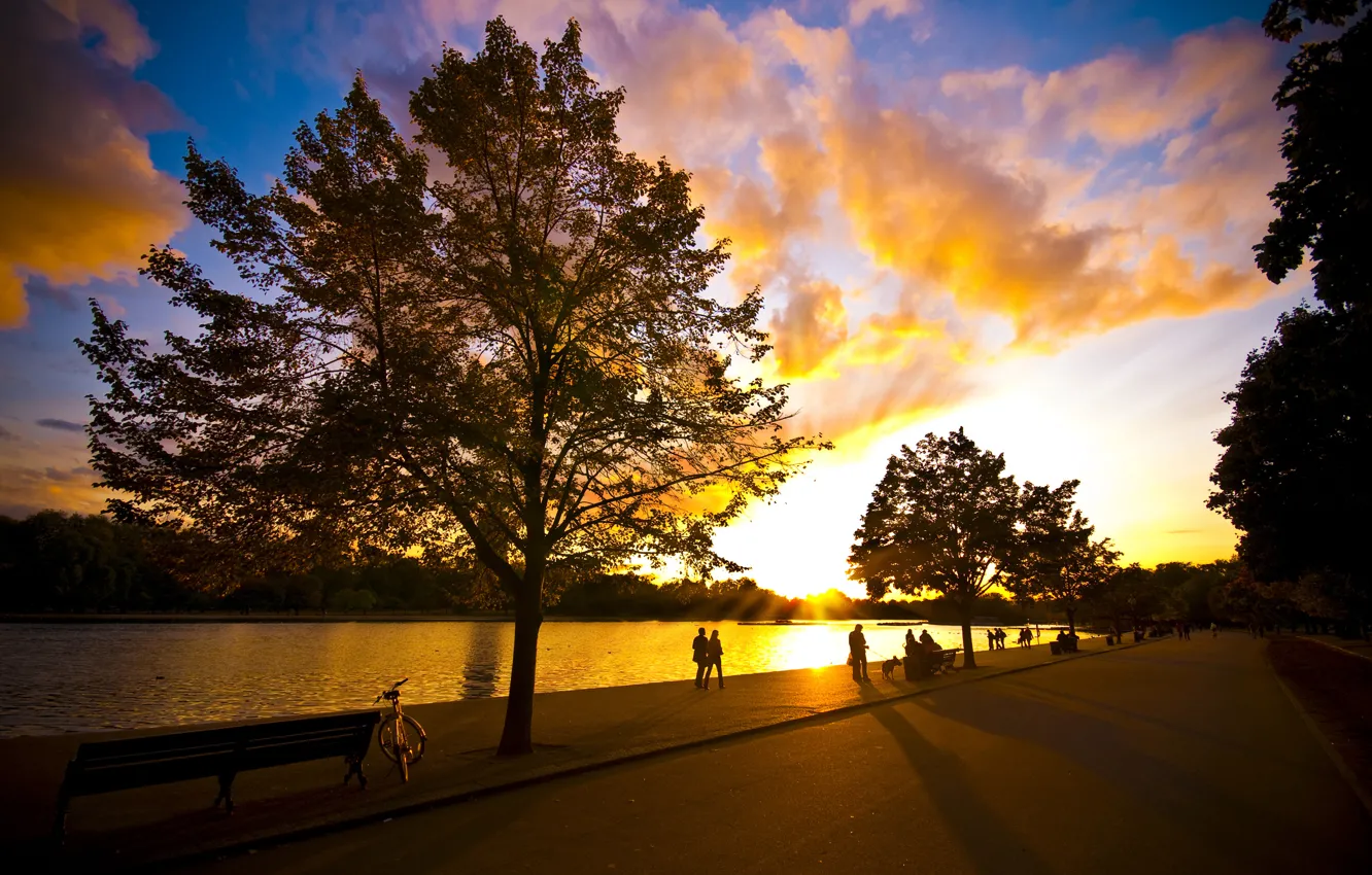 Wallpaper summer, the sky, the sun, trees, bike, Park, river, people, the  evening, walk, good weather images for desktop, section пейзажи - download