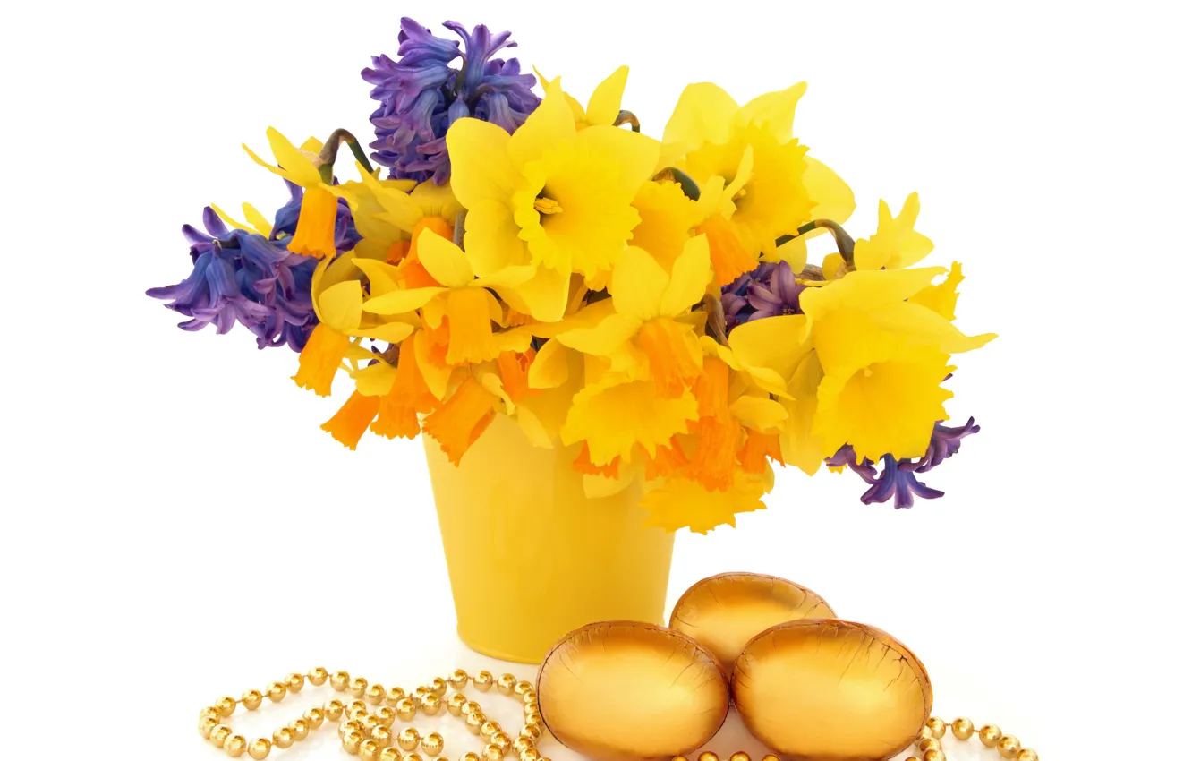 Photo wallpaper flowers, basket, flowers, daffodils, spring, eggs, easter, bouquet, daffodils