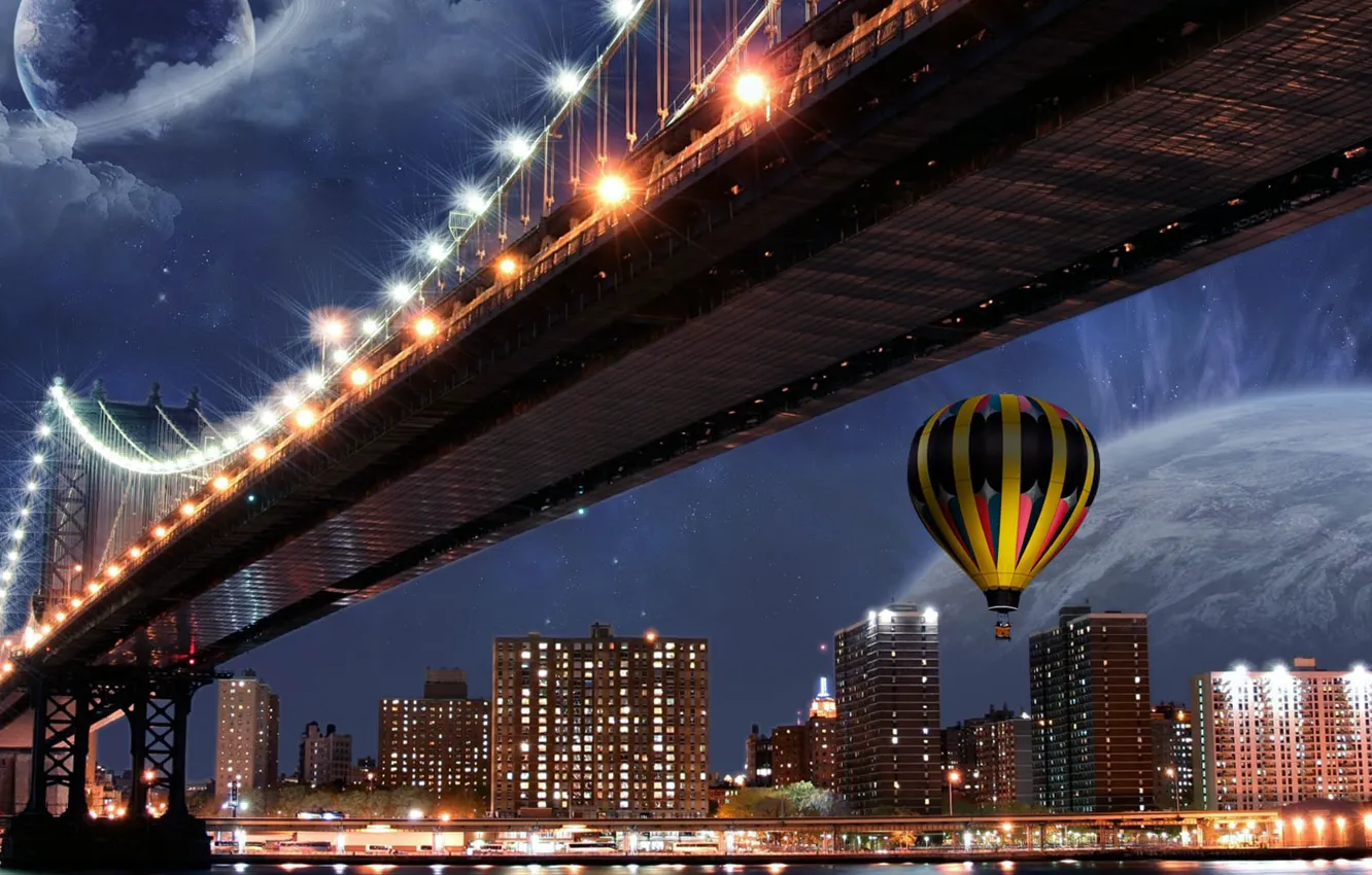 Photo wallpaper night, bridge, the city