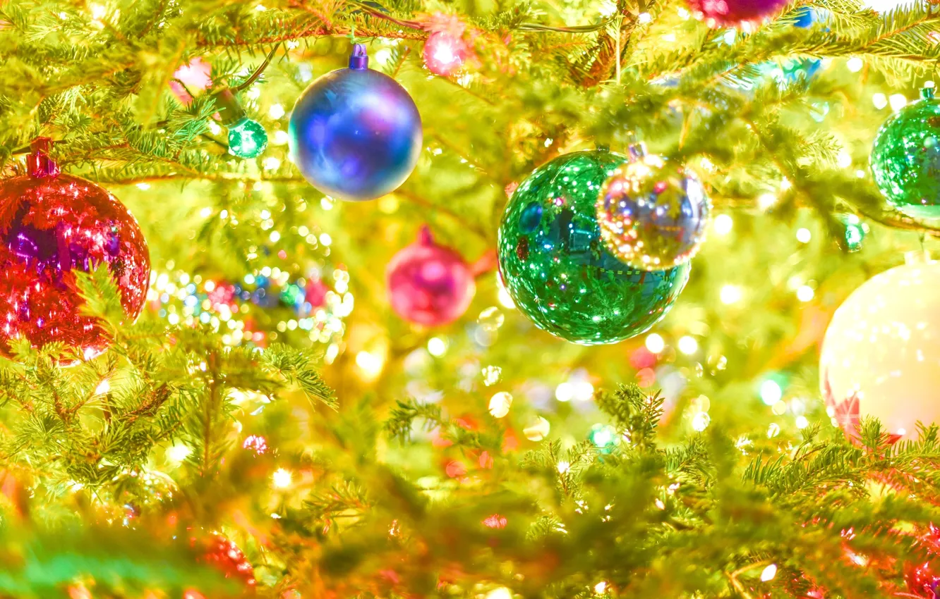 Photo wallpaper color, balls, glare, reflection, holiday, branch, paint, toys, new year, lights, tree, garland, brightness, reflections