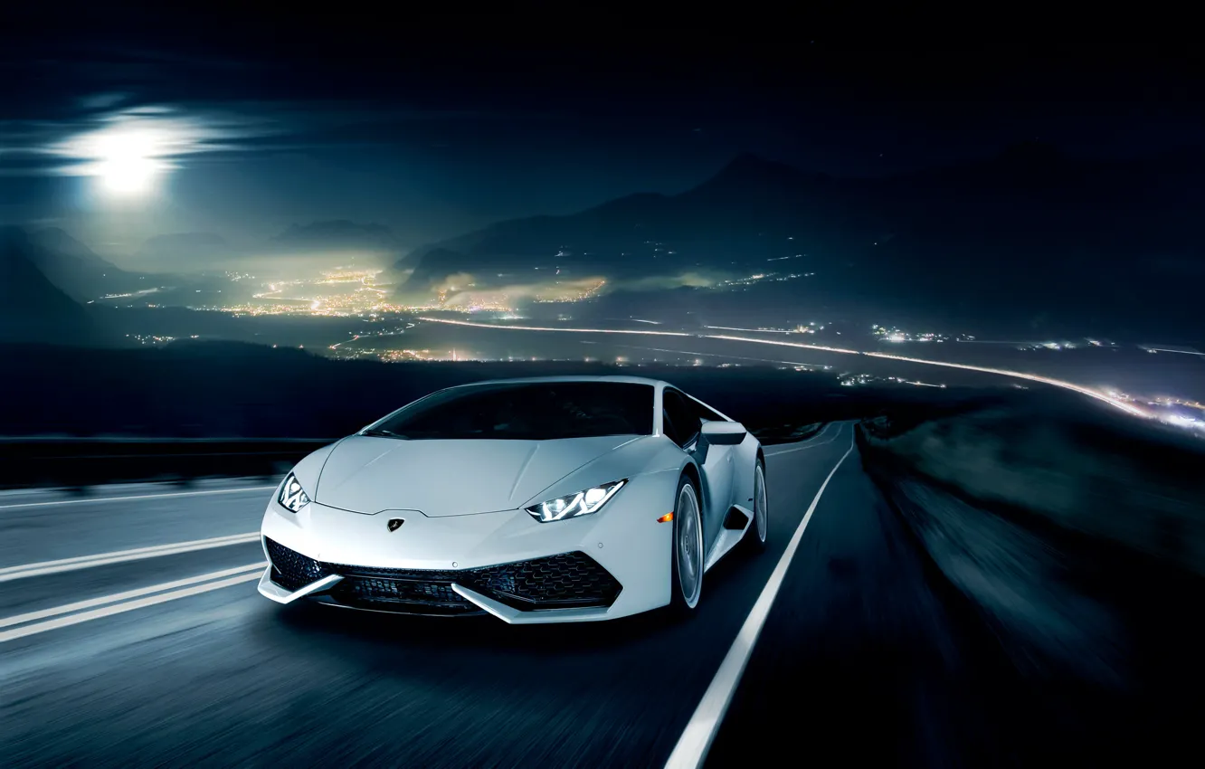Photo wallpaper night, movement, Lamborghini, horizon, white, front, LP 610-4, Huracan, Ronaldo Stewart, LB724