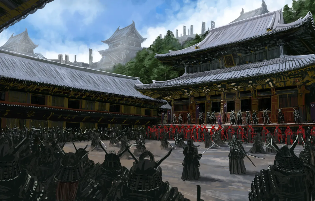 Photo wallpaper weapons, people, Asia, army, warrior, art, samurai, yard, temple, armor, training