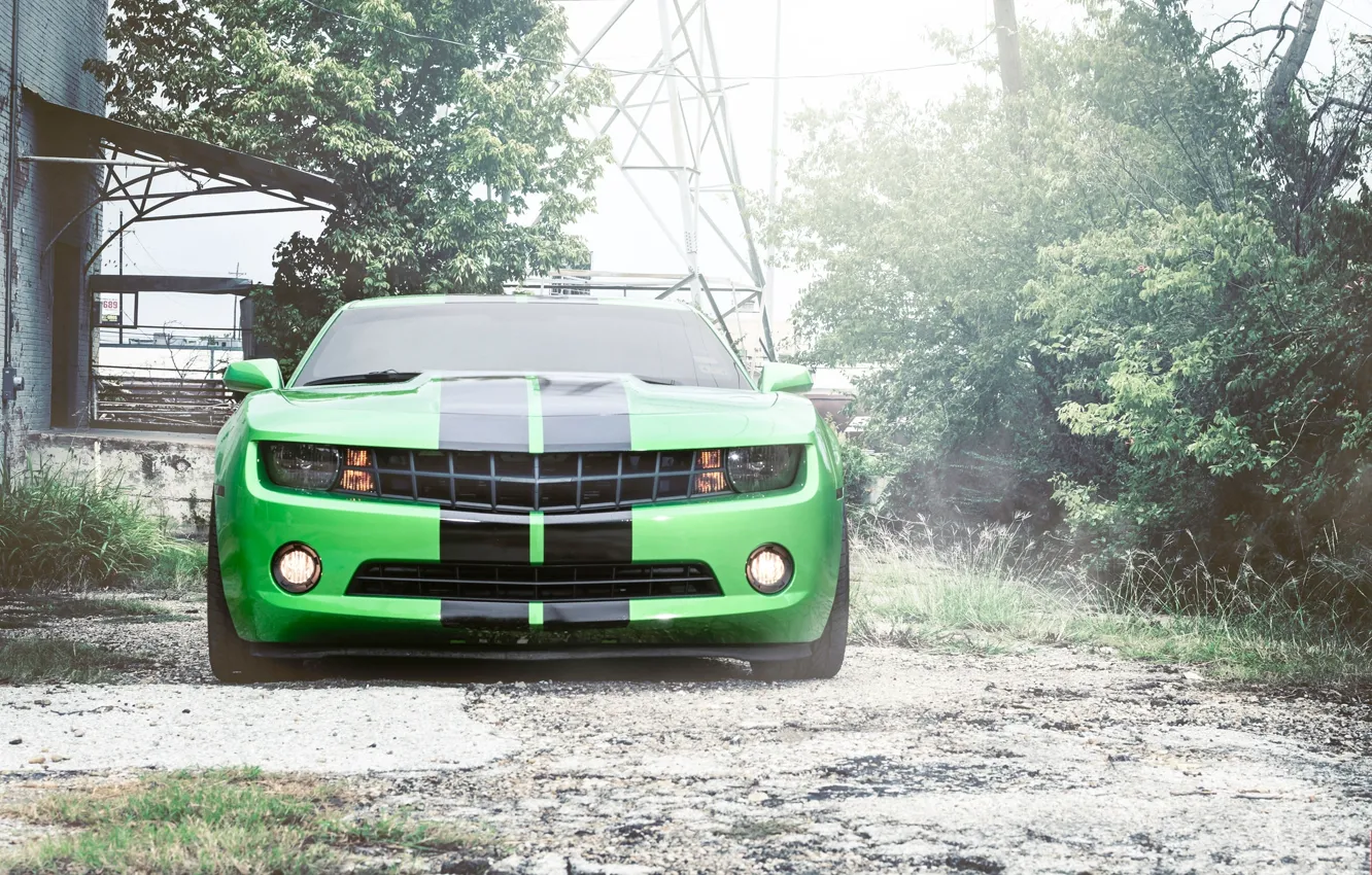 Photo wallpaper strip, black, green, green, Chevrolet, camaro, chevrolet, the front, Camaro