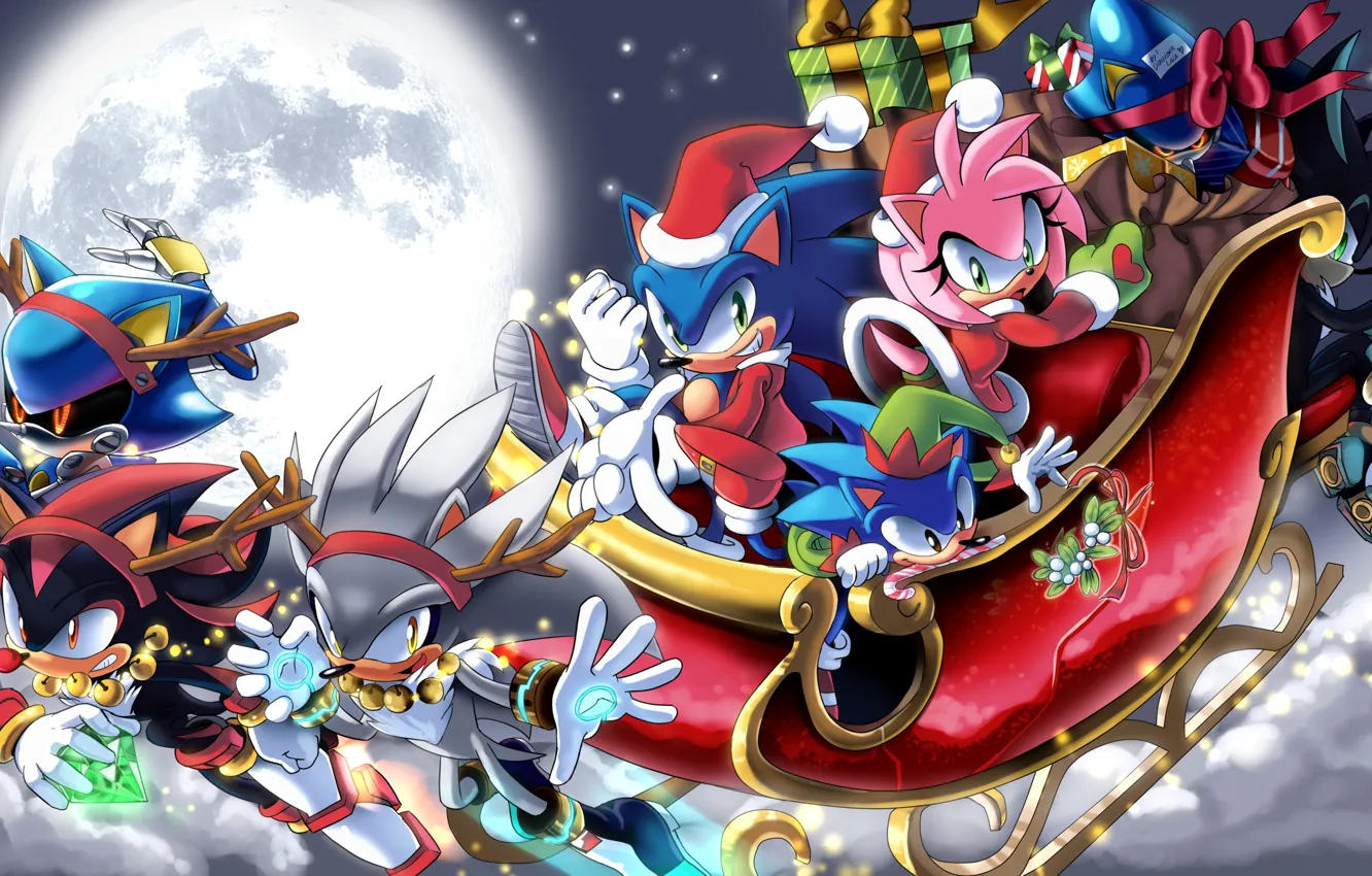 Wallpaper night, holiday, the moon, new year, Christmas, gifts, Sonic,  Silver, Amy Rose, Sonic the Hedgehog, Hedgehog, Silver the Hedgehog, Sonic  Boom, Metal Sonic images for desktop, section игры - download