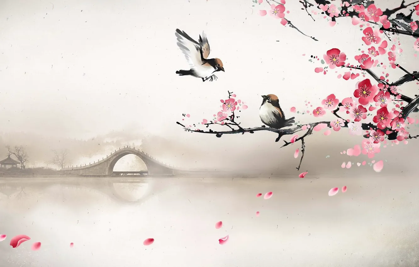Photo wallpaper bridge, fog, river, spring, morning, Sakura, art, birds, cherry blossoms