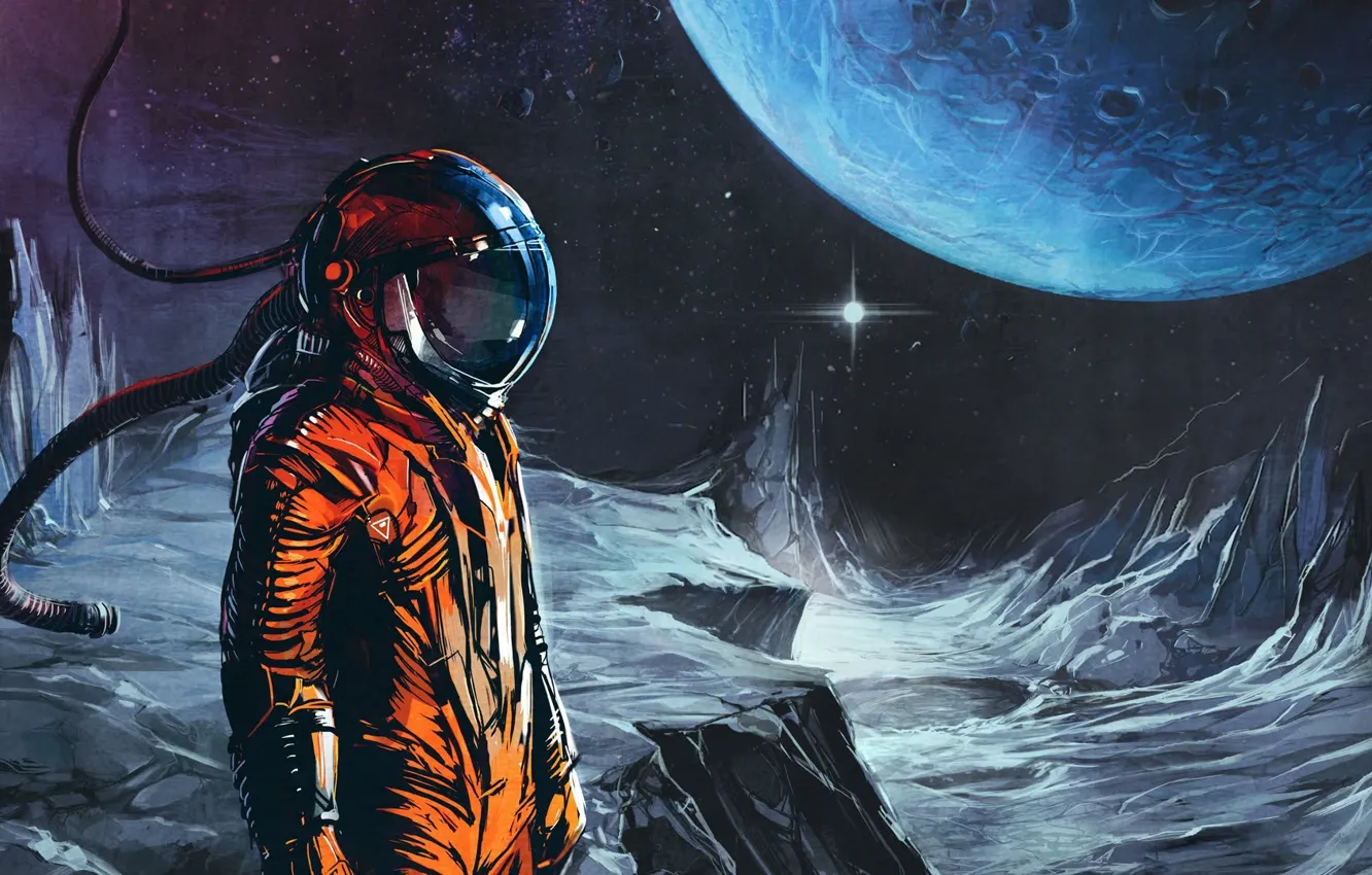 Photo wallpaper orange, music, the moon, planet, astronaut, music, the suit, space, Art, Celldweller, Transmissions vol 02