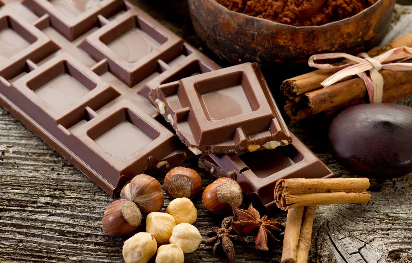 Photo wallpaper food, sweet, nuts, Chocolate, cocoa, cinnamon, cloves, dark chocolate, chestnuts
