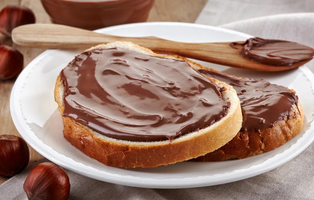 Photo wallpaper food, chocolate, Nutella, cream, bread, hazelnuts