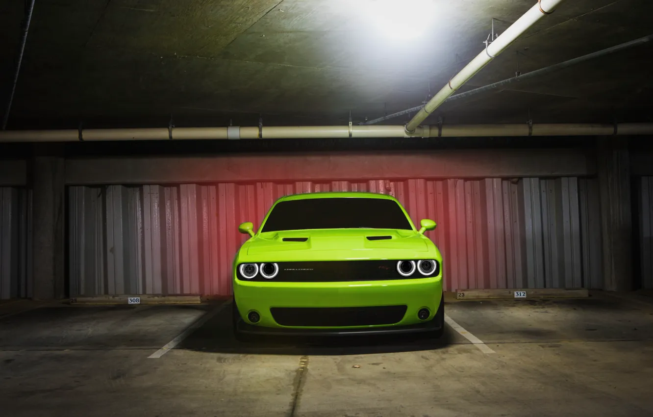 Photo wallpaper Muscle, Dodge, Light, Challenger, Car, Green, Front, R/T