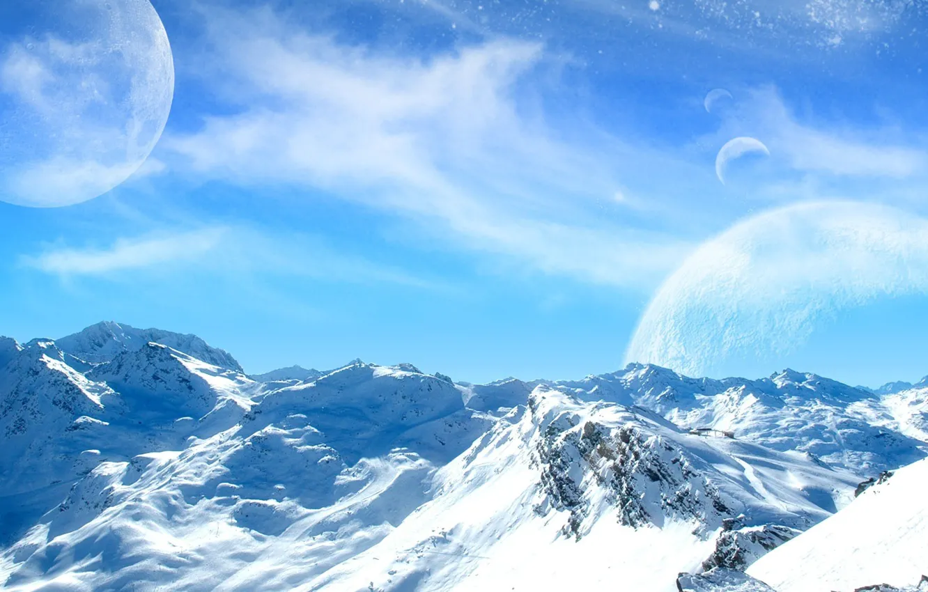 Photo wallpaper cold, the sky, snow, mountains, the moon, planet