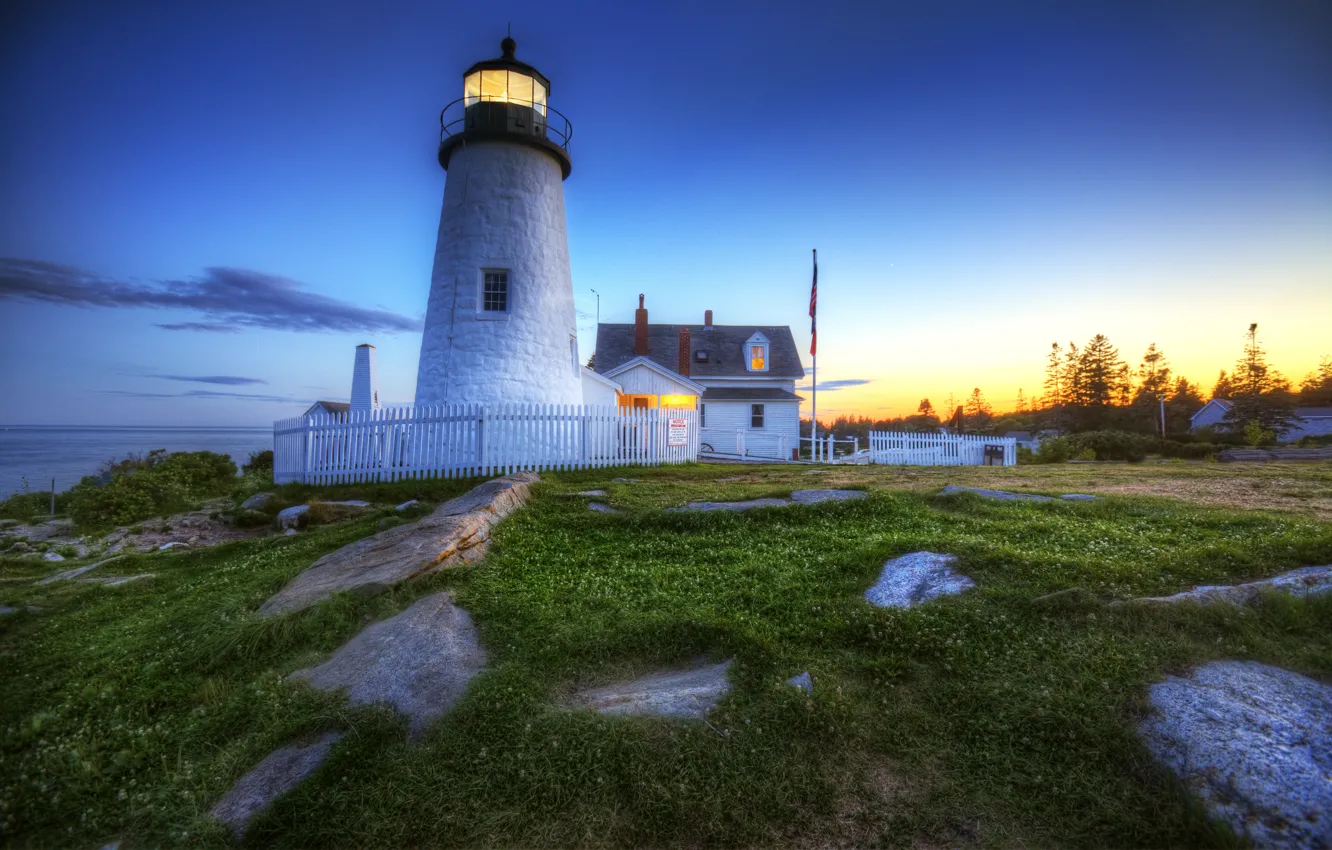 Photo wallpaper grass, light, sunset, green, rocks, lighthouse, lighthouse