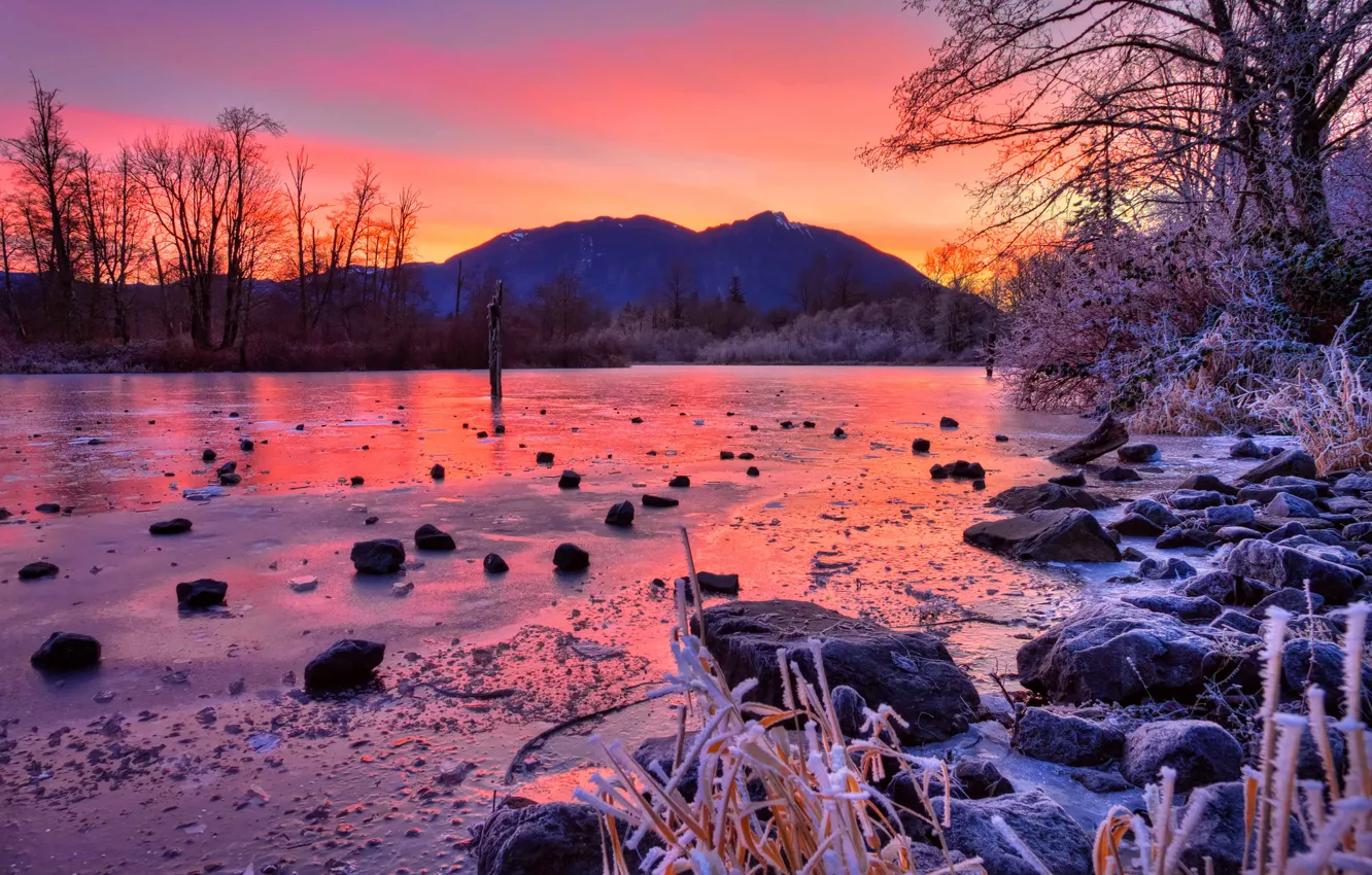 Photo wallpaper winter, trees, sunset, mountains, river, stones, ice