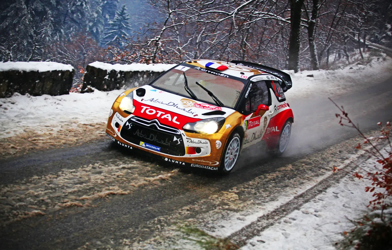 Photo wallpaper Winter, Snow, Sport, Machine, Citroen, Citroen, DS3, WRC, Rally, Rally, Sebastien Loeb, Total
