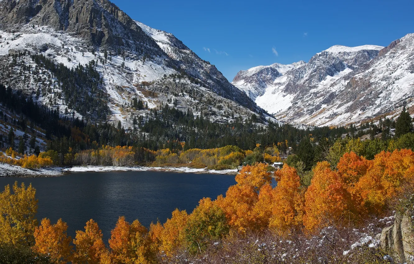Photo wallpaper autumn, snow, trees, mountains, lake, foliage
