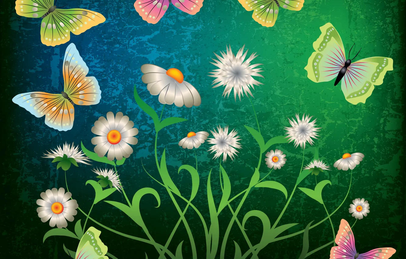 Photo wallpaper butterfly, flowers, green, abstract, design, flowers, grunge, butterflies