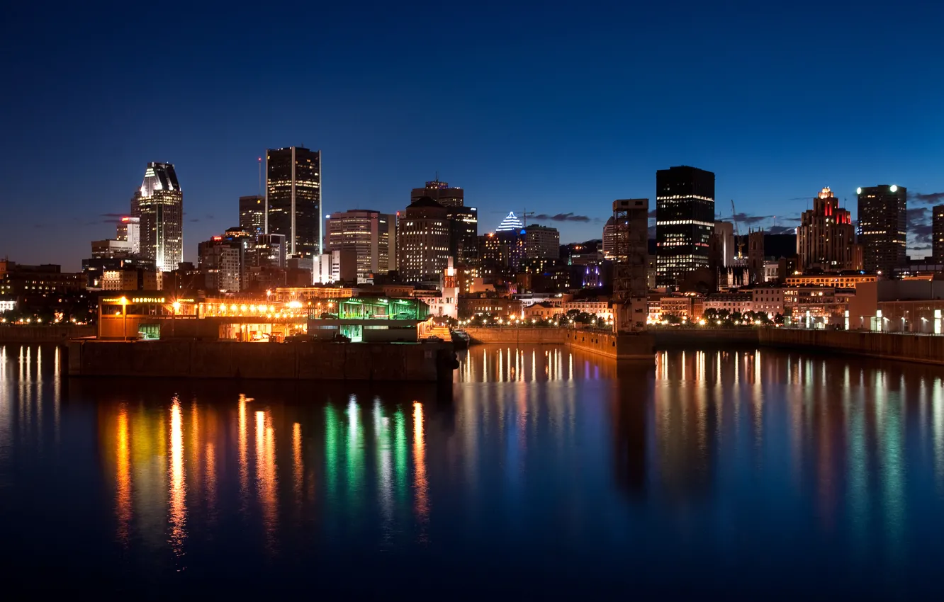 Photo wallpaper city, the city, river, building, Canada, Montreal, Canada, river, midnight, buildings, midnight, Montreal