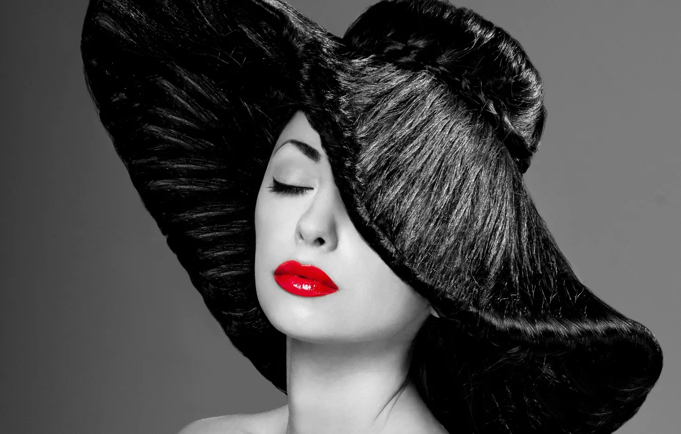 Wallpaper girl, photo, hat, makeup, black and white, red lips images for  desktop, section стиль - download