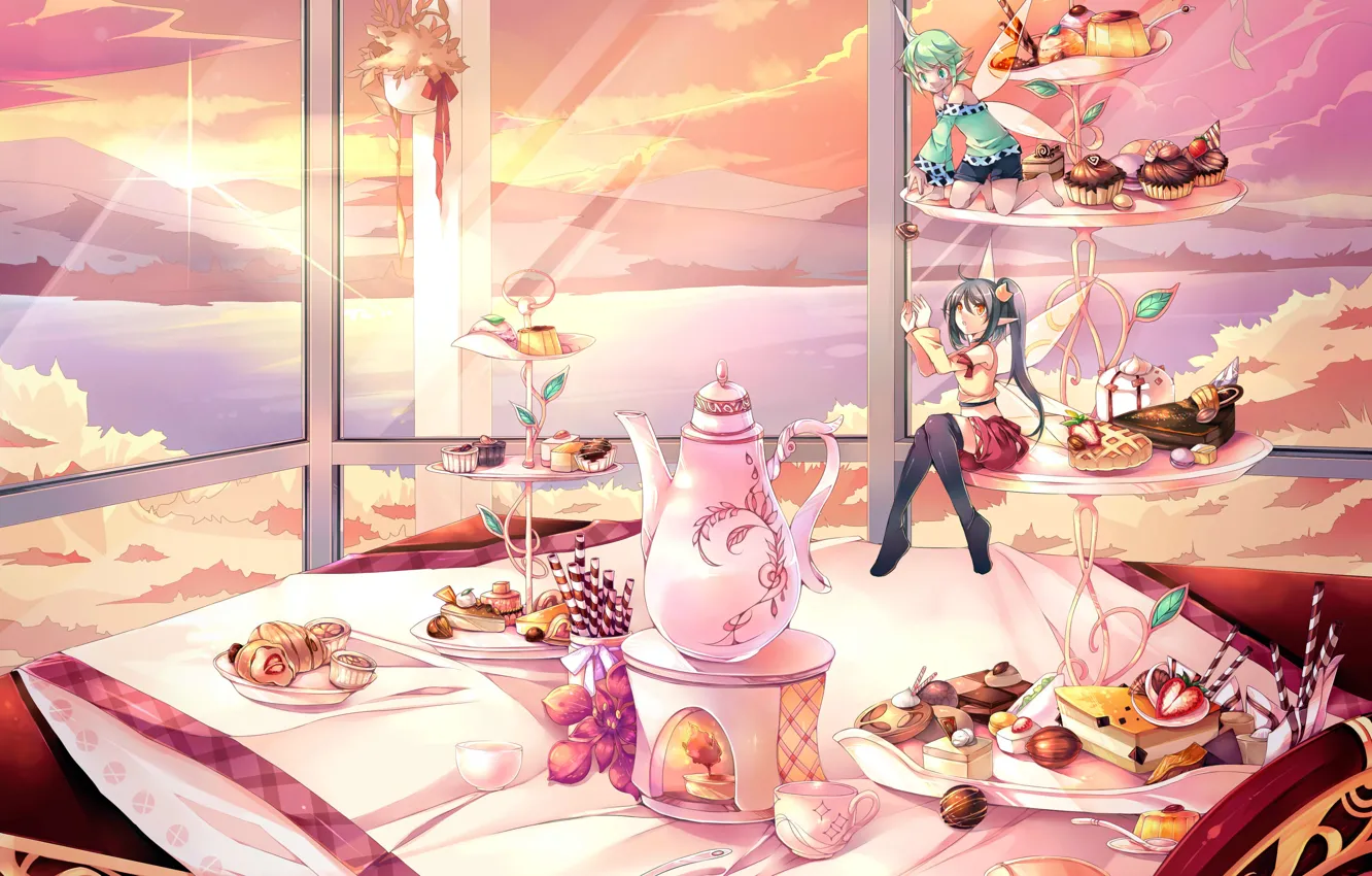 Photo wallpaper sea, flower, the sun, clouds, landscape, sunset, mountains, table, food, wings, the evening, anime, kettle, …