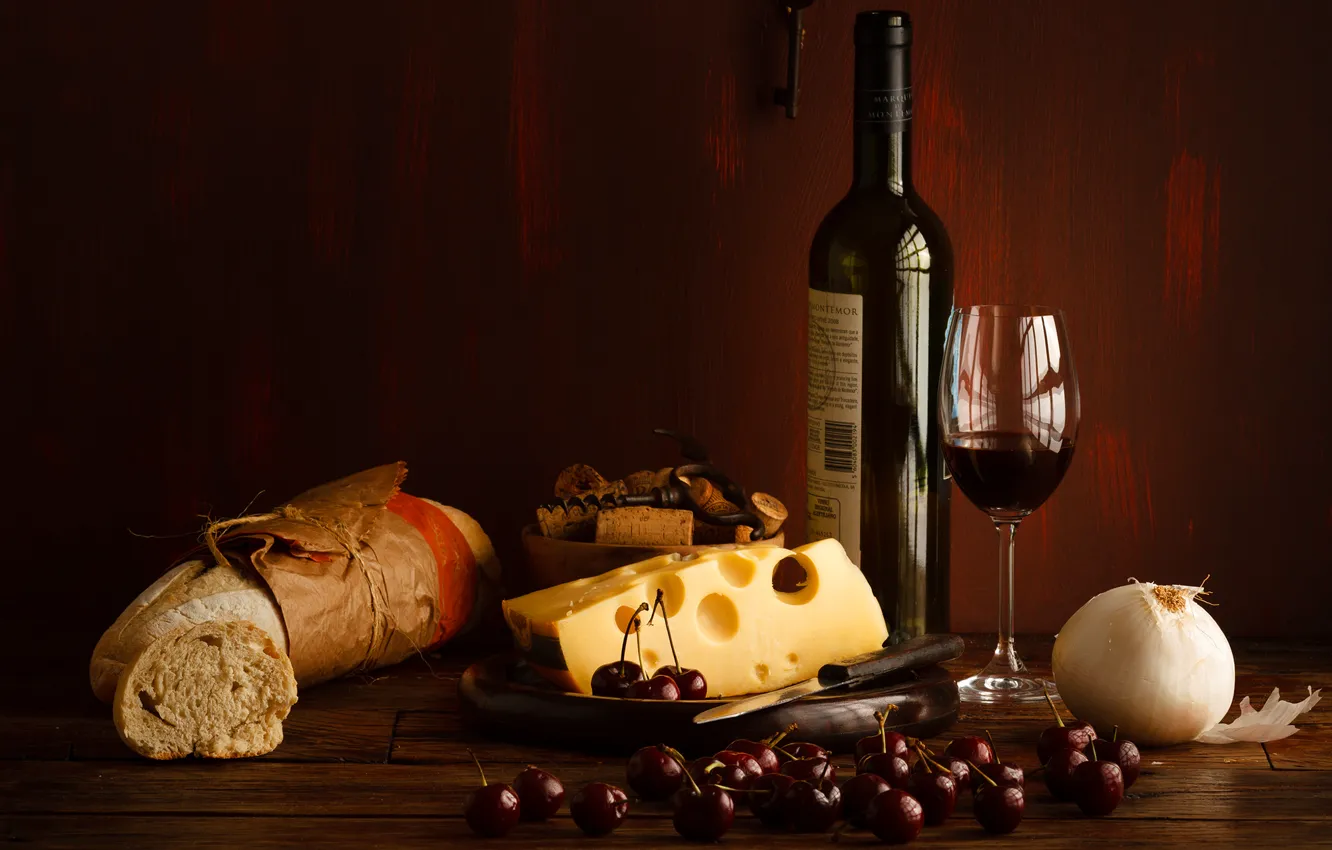 Photo wallpaper berries, wine, red, bottle, cheese, glasses, bread, cherry, cherry, baton