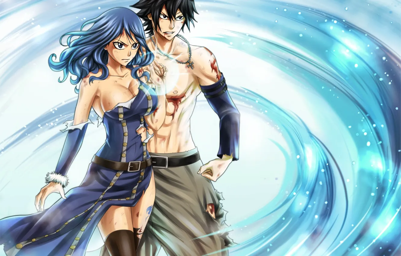 Photo wallpaper girl, blood, anime, art, guy, two, wounds, Fairy Tail, Fairy Tail, Grey