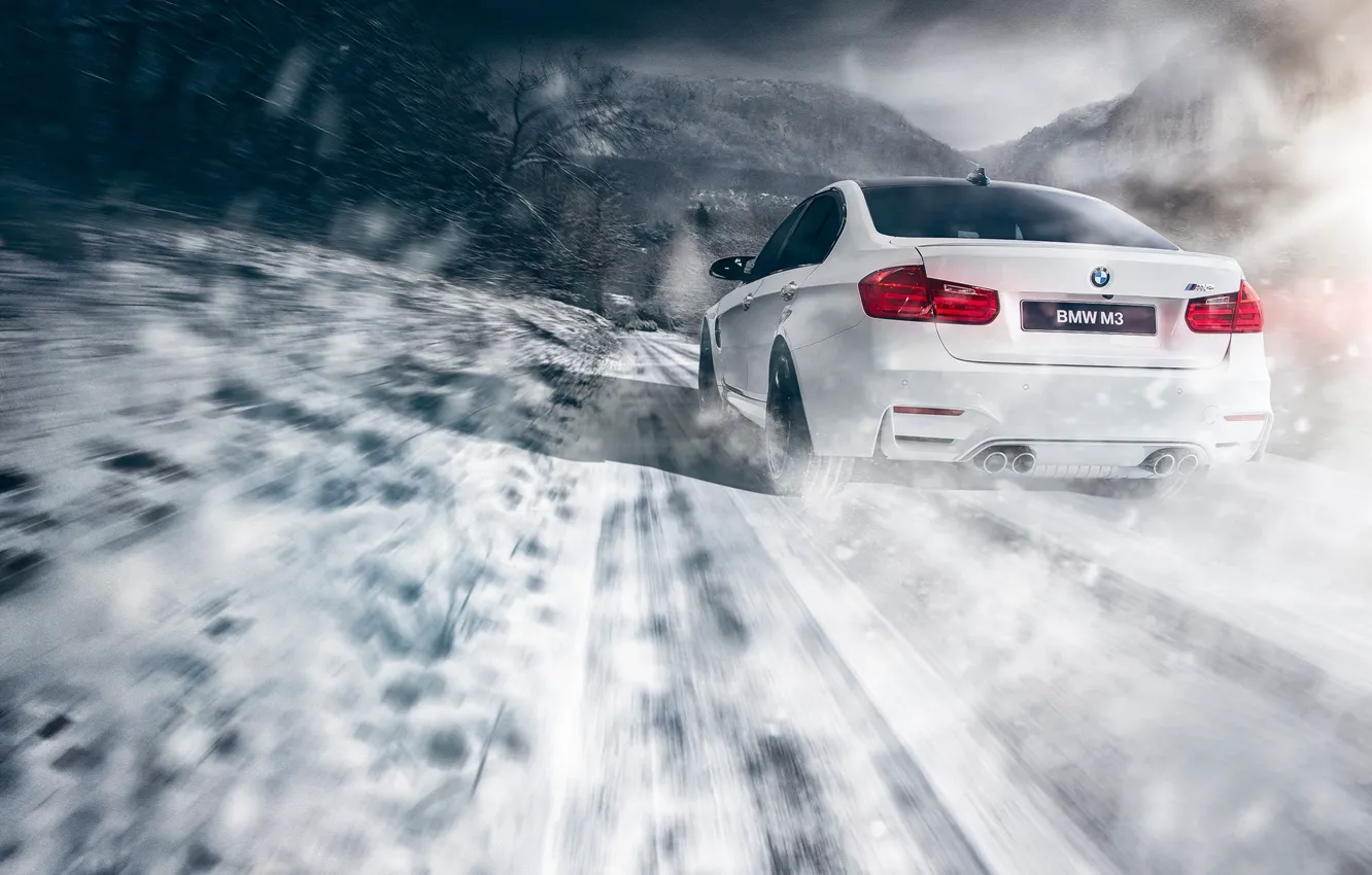 Photo wallpaper BMW, Car, Speed, Snow, White, Sport, Road, Rear