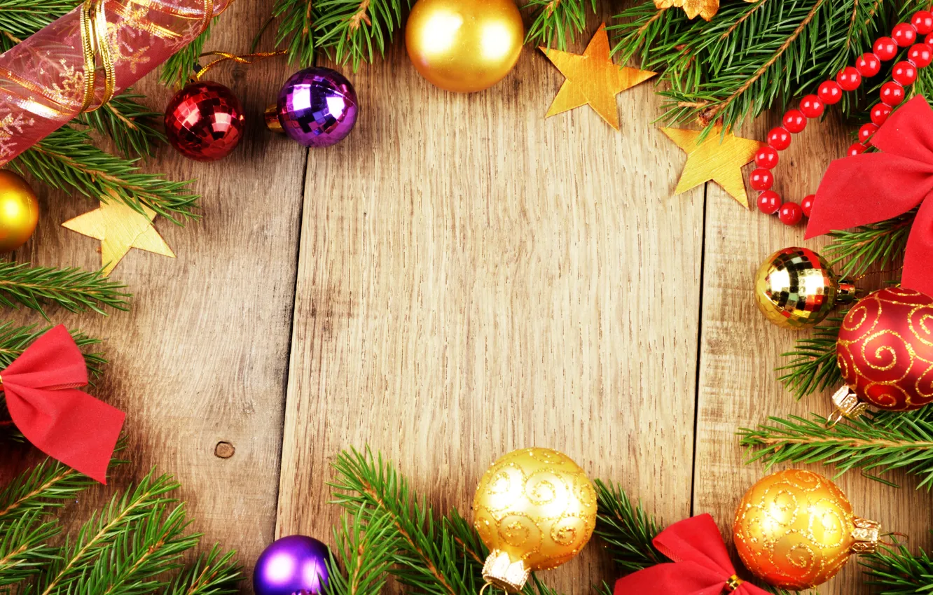 Photo wallpaper branches, balls, tape, stars, tree, Christmas decorations