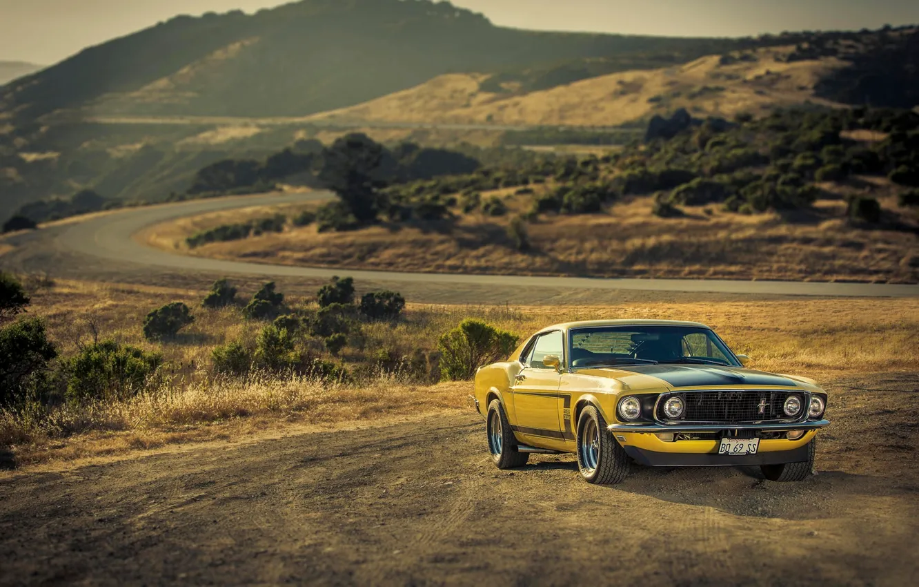 Photo wallpaper yellow, Mustang, Ford, Mustang, 1969, muscle car, Ford, yellow, muscle car, 302, Boss, '69