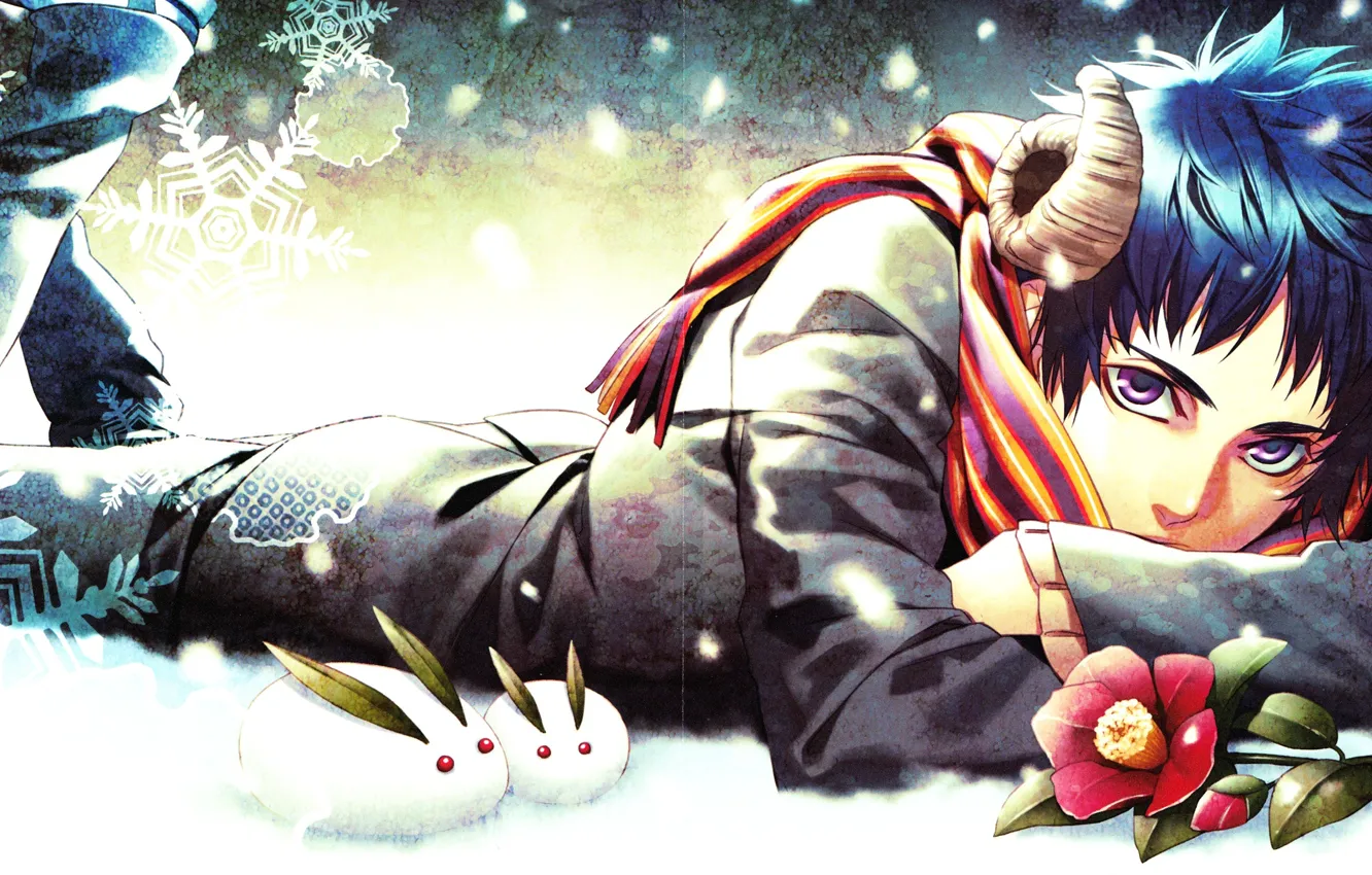 Photo wallpaper winter, flower, snow, snowflakes, anime, scarf, art, horns, guy, bunnies, Kazuki, Ana!