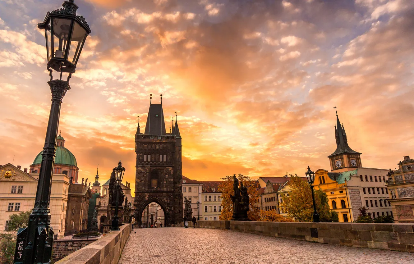 Photo wallpaper autumn, the sky, clouds, sunset, bridge, the city, pavers, Prague, Czech Republic, architecture, sculpture, Prague, …