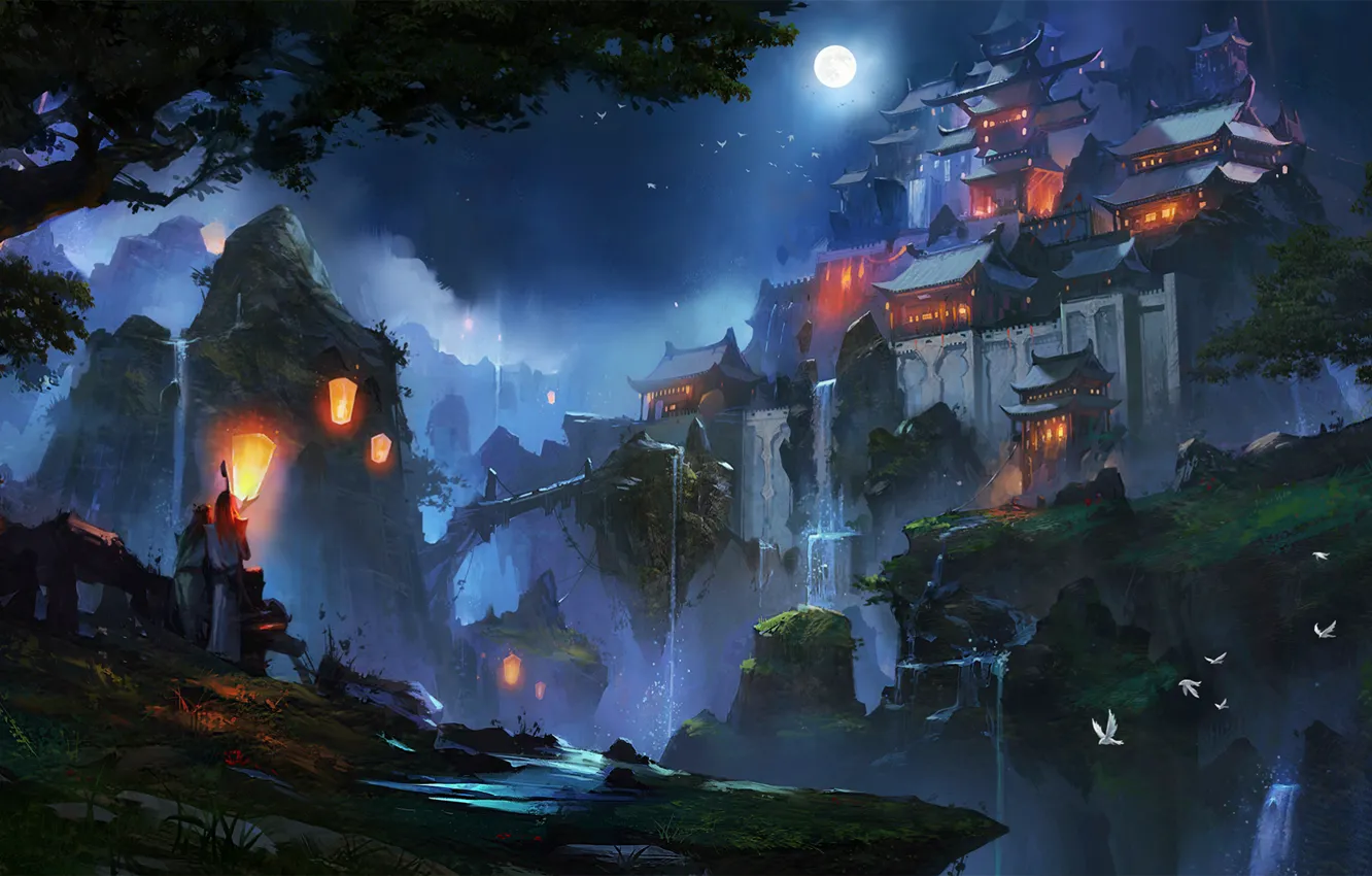 Wallpaper China, Light, Japan, moon, fantasy, game, Nature, Fire, Asian,  landscape, Mountain, night, art, scenery, fantastic, Temple images for  desktop, section фантастика - download