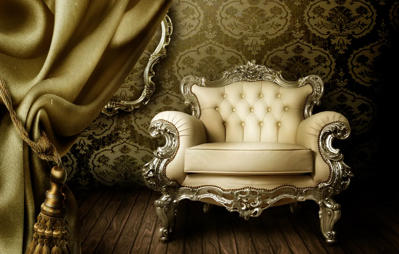 Photo wallpaper Wallpaper, chair, curtains, vintage, interior, luxury, curtain