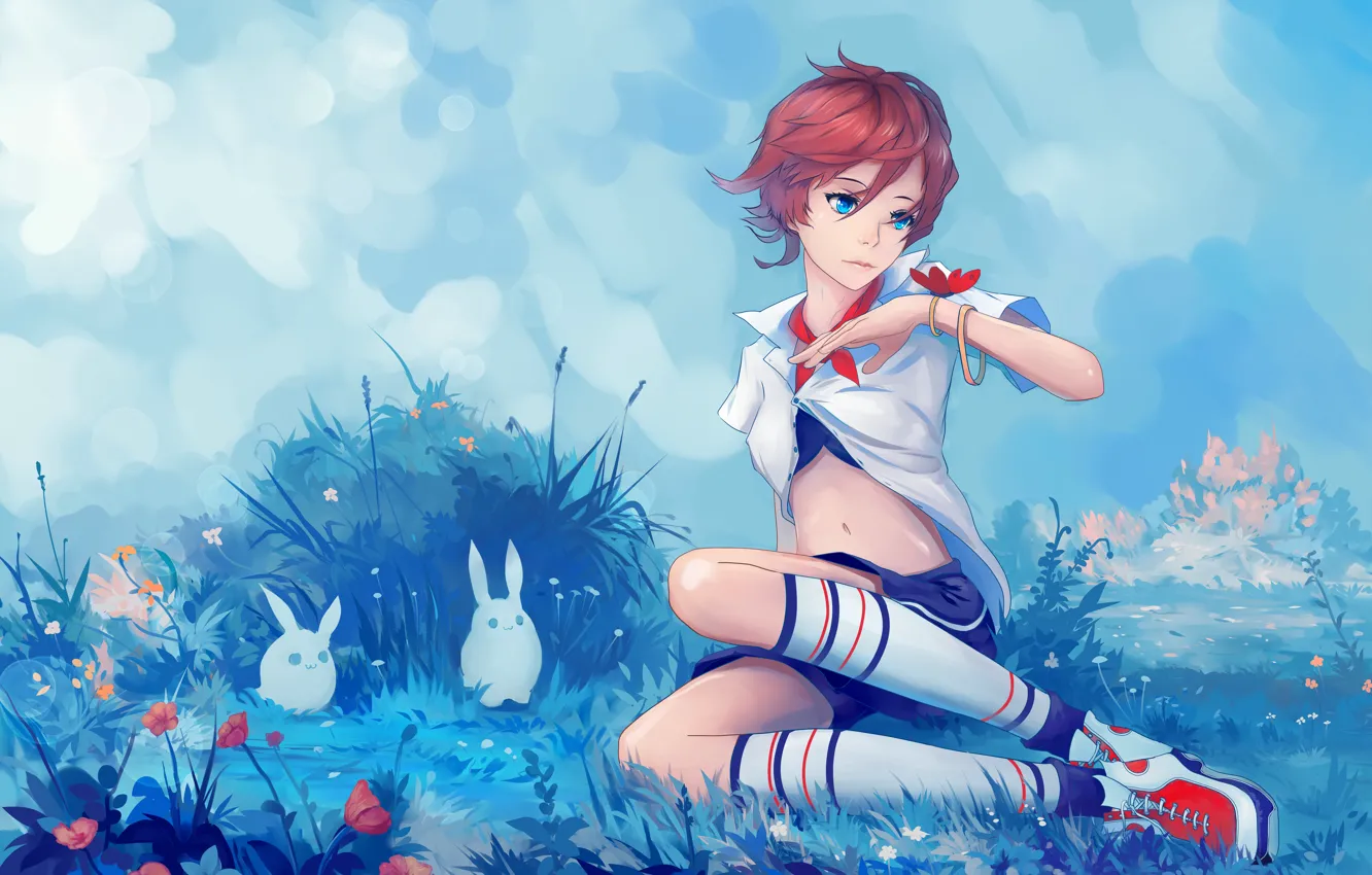 Photo wallpaper look, girl, nature, pose, butterfly, haircut, anime, art, blue eyes