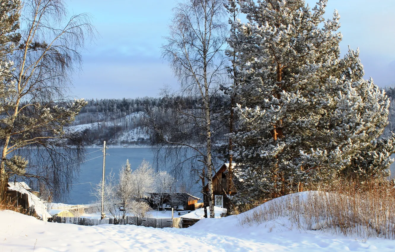 Photo wallpaper winter, snow, trees, nature, river, photo, Russia