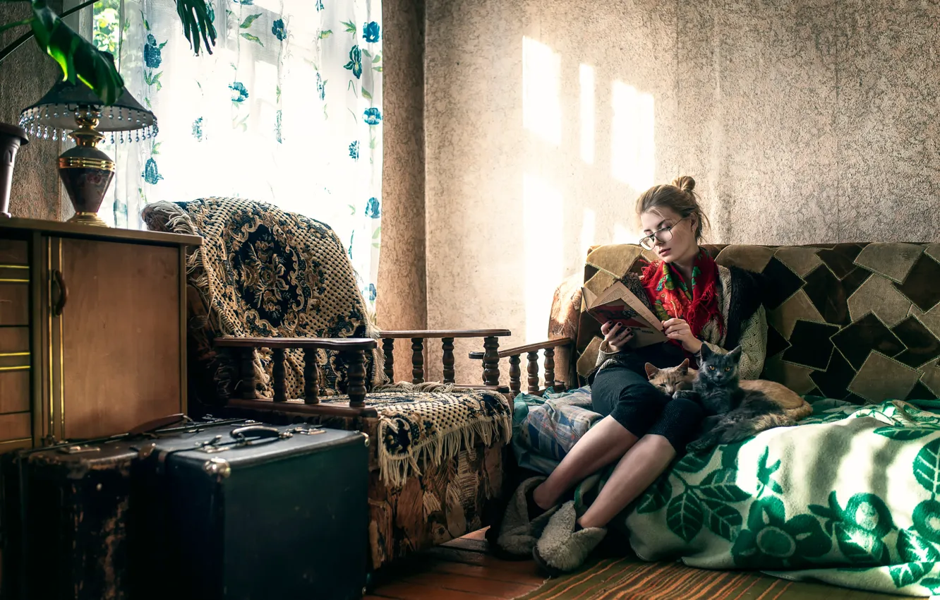 Фотообои девушка, кошки, диван, мебель, старый дом, Максим Гусельников, Ирина Попова, Кошечка