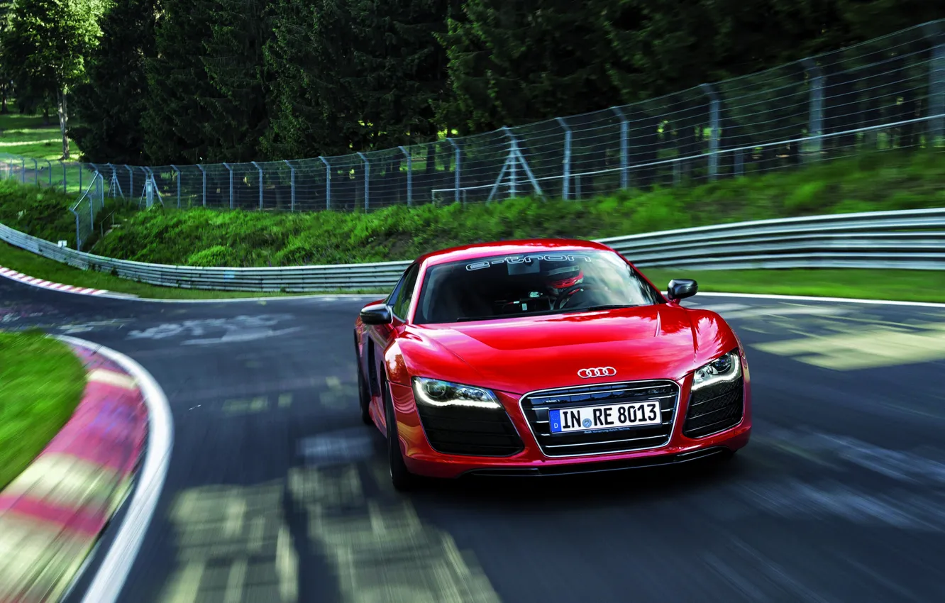 Photo wallpaper Audi, Red, Trees, Speed, Track, Before, V10, E-Tron
