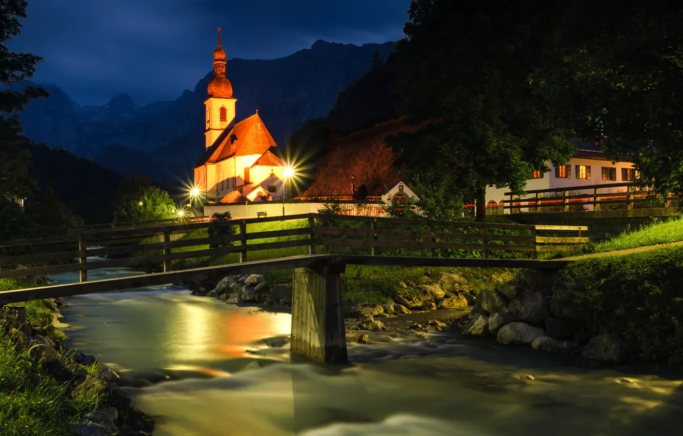 Photo wallpaper night, bridge, river, Germany, Bayern, Church, Germany, Bavaria, Bavarian Alps, The Bavarian Alps, Ramsau, Ramsau, …