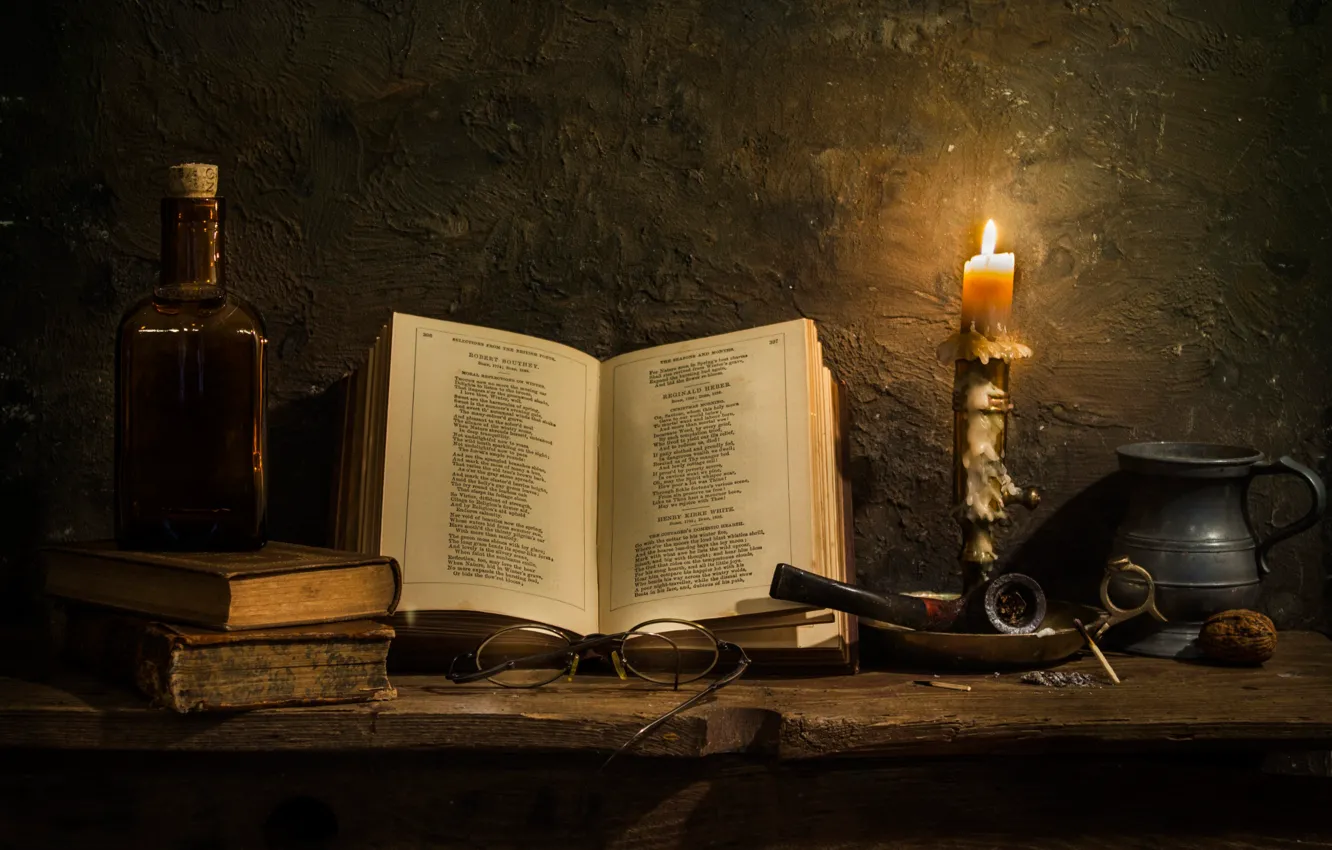 Wallpaper candle, tube, glasses, book, Poetry images for desktop
