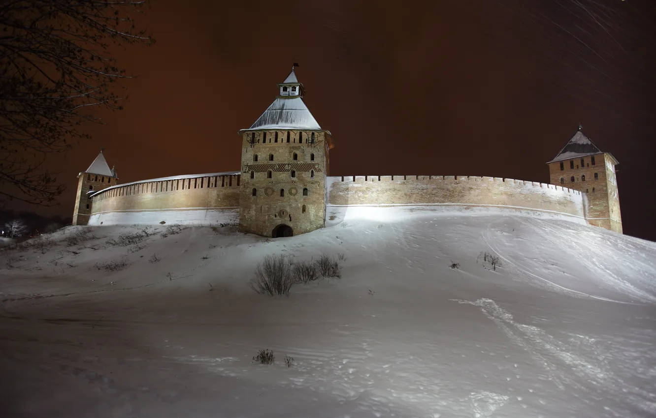 Photo wallpaper winter, snow, night, the city, Wallpaper, tower, the Kremlin, wallpaper, Russia, homeland, the ancient city, …