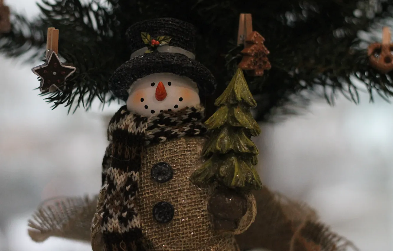 Photo wallpaper tree, Christmas, snowman