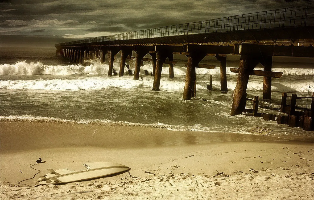 Photo wallpaper sand, sea, the storm, wave, beach, void, clouds, storm, bridge, broken