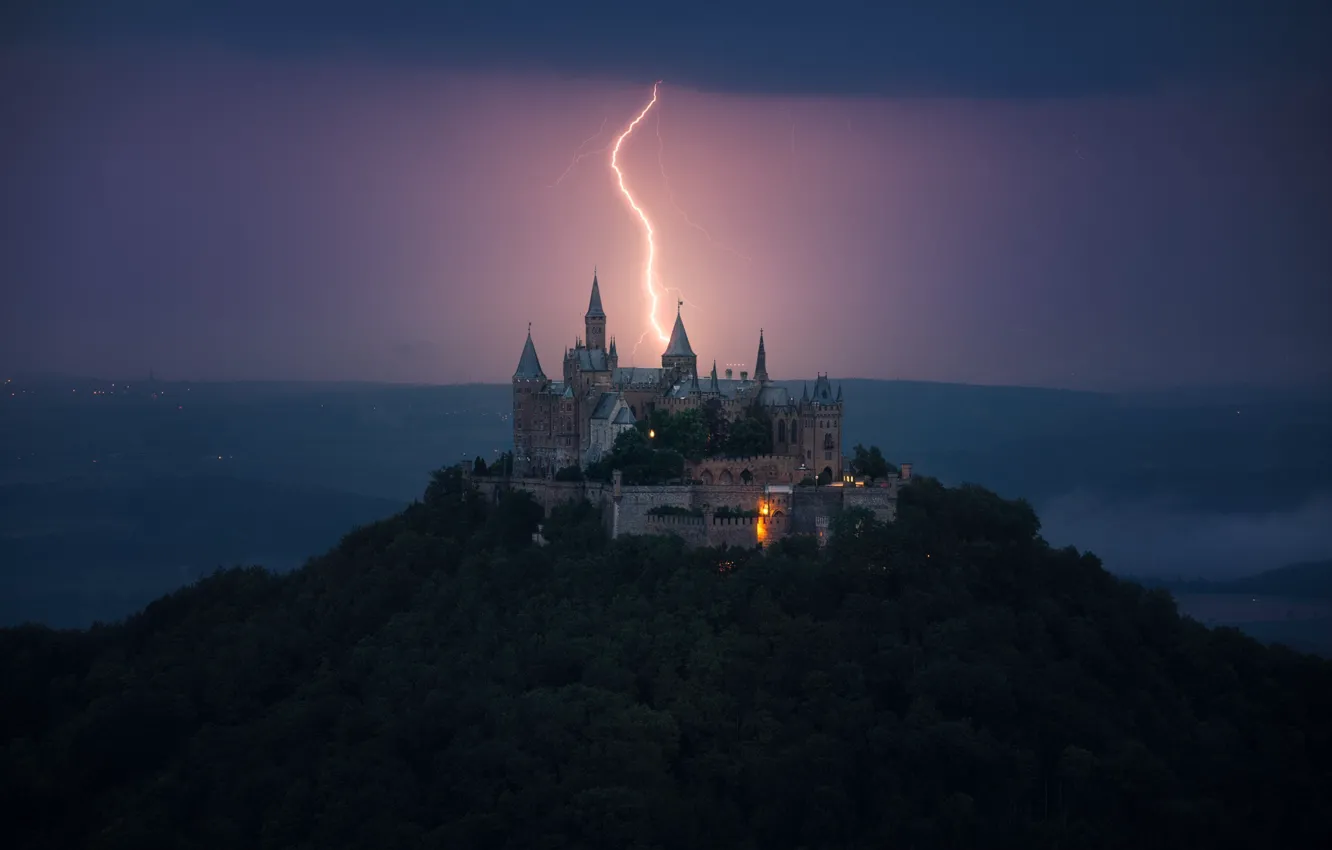 Photo wallpaper the storm, the sky, castle, lightning
