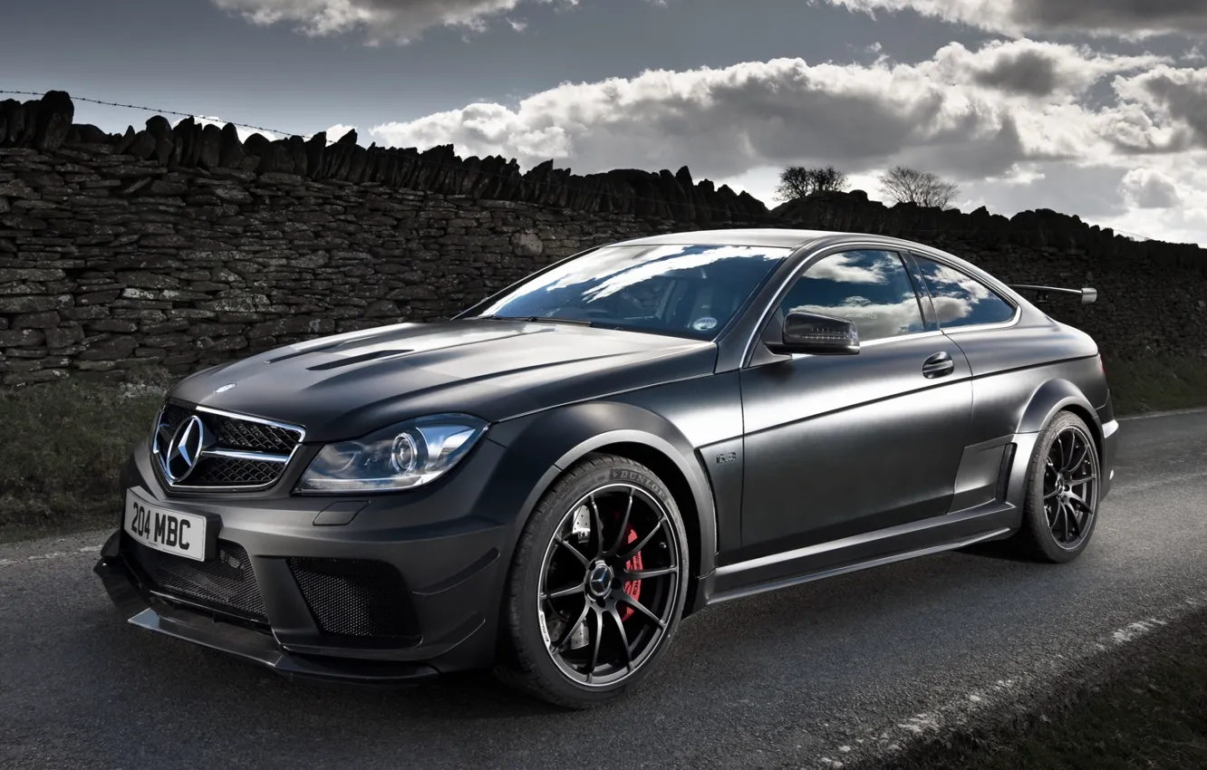 Photo wallpaper road, the sky, black, coupe, Mercedes-Benz, Mercedes, AMG, Coupe, the front, Black Series, C63, AMG