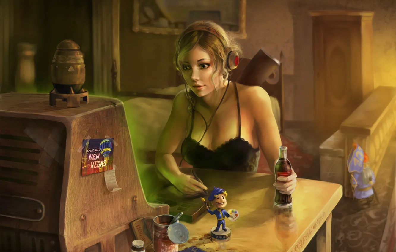 Photo wallpaper girl, headphones, Fallout 3, nuka cola
