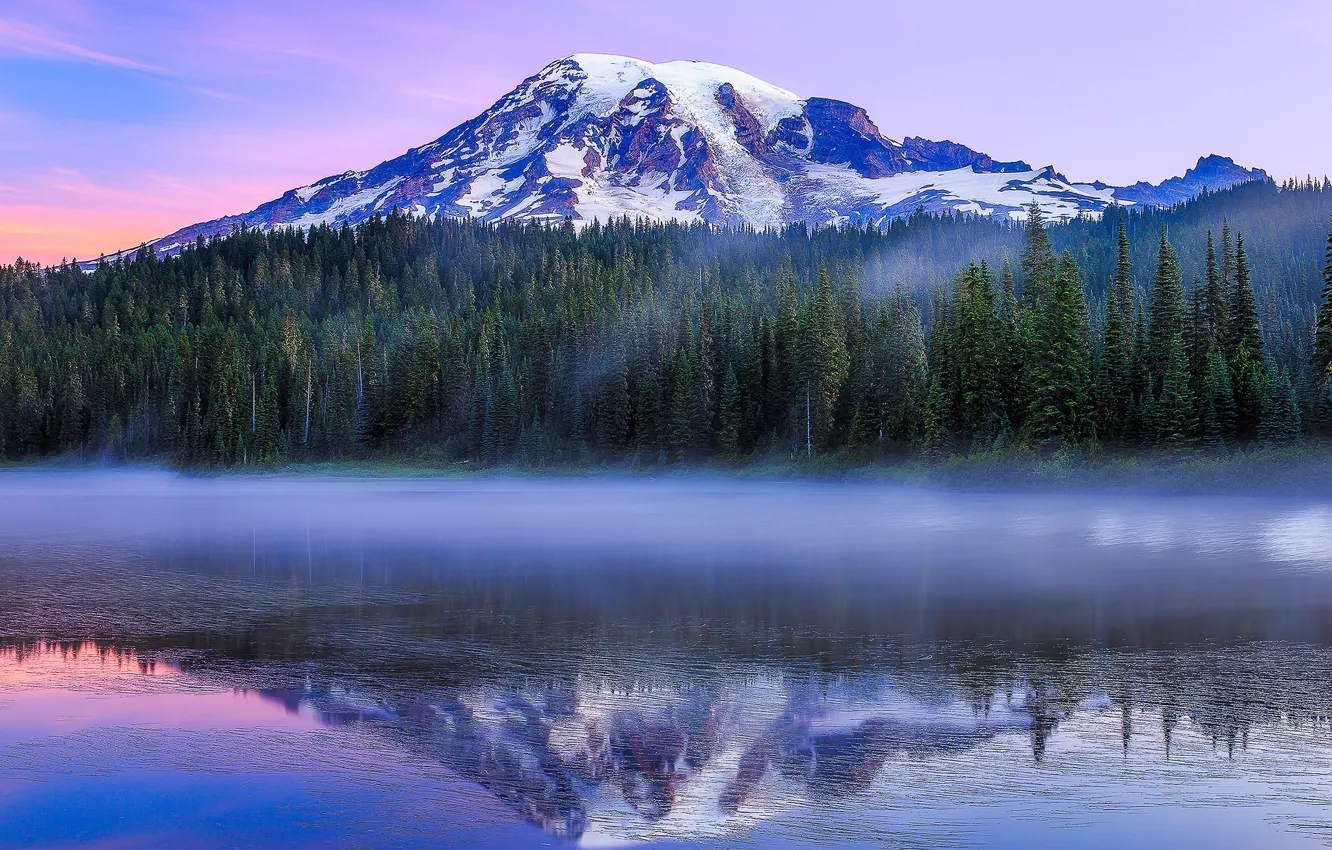 Photo wallpaper forest, Paradise, lake, reflection, mountain, morning, Washington, Washington, Mount Rainier National Park, National Park mount …
