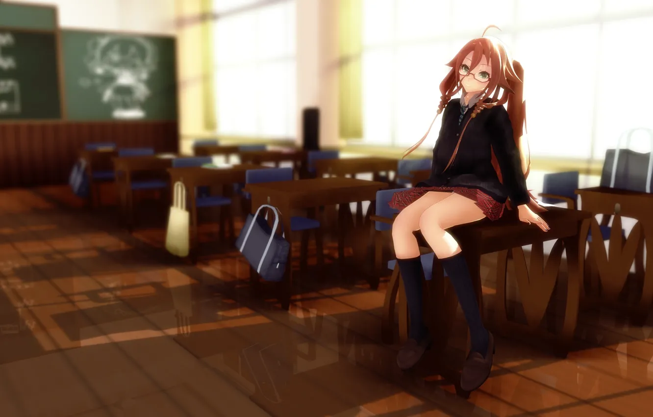 Photo wallpaper girl, glasses, form, class, vocaloid, school, desks, sitting, rongsama